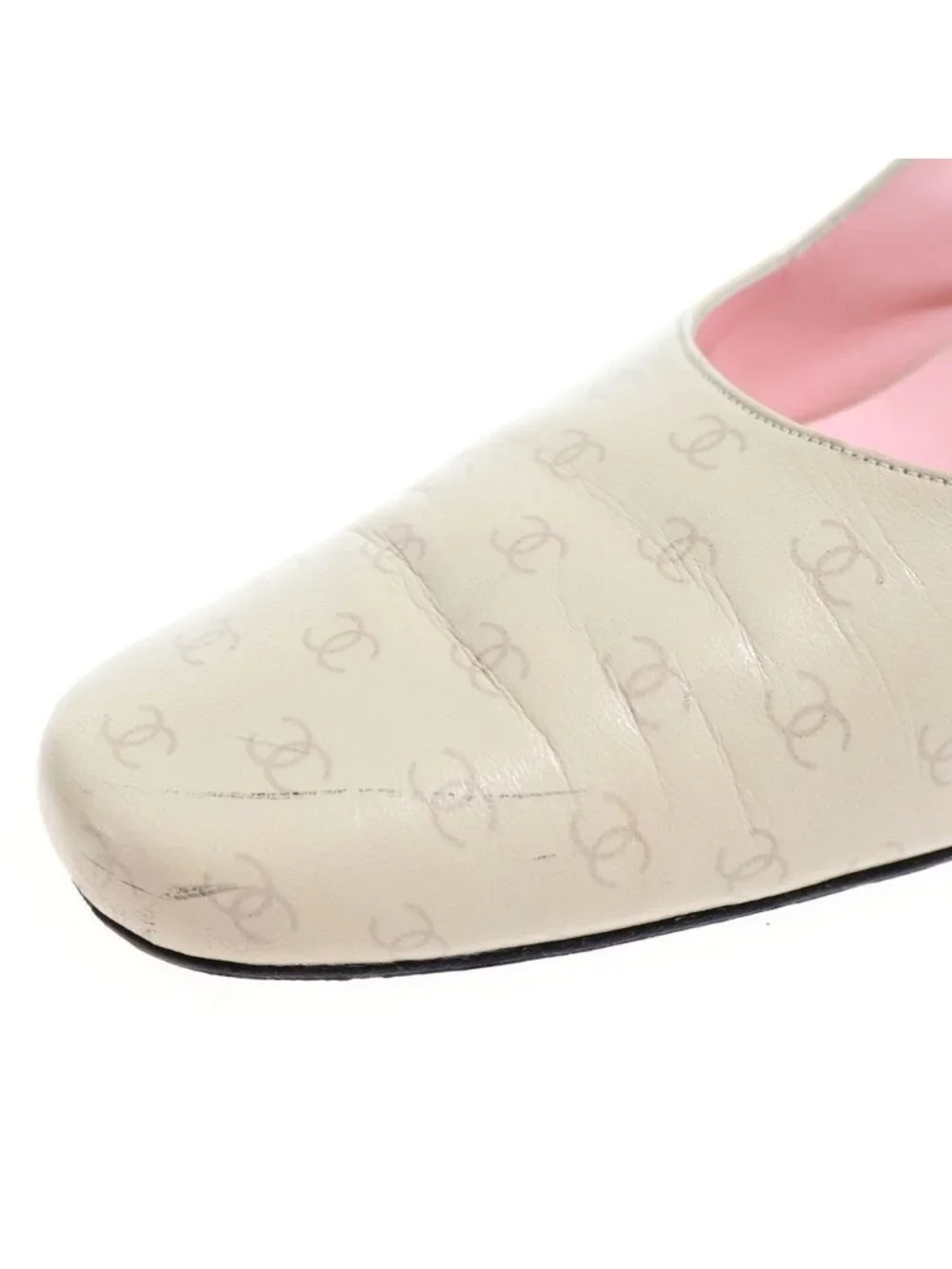 Chanel CC Logo All Over Print Leather Pumps Mules Low Heels Beige